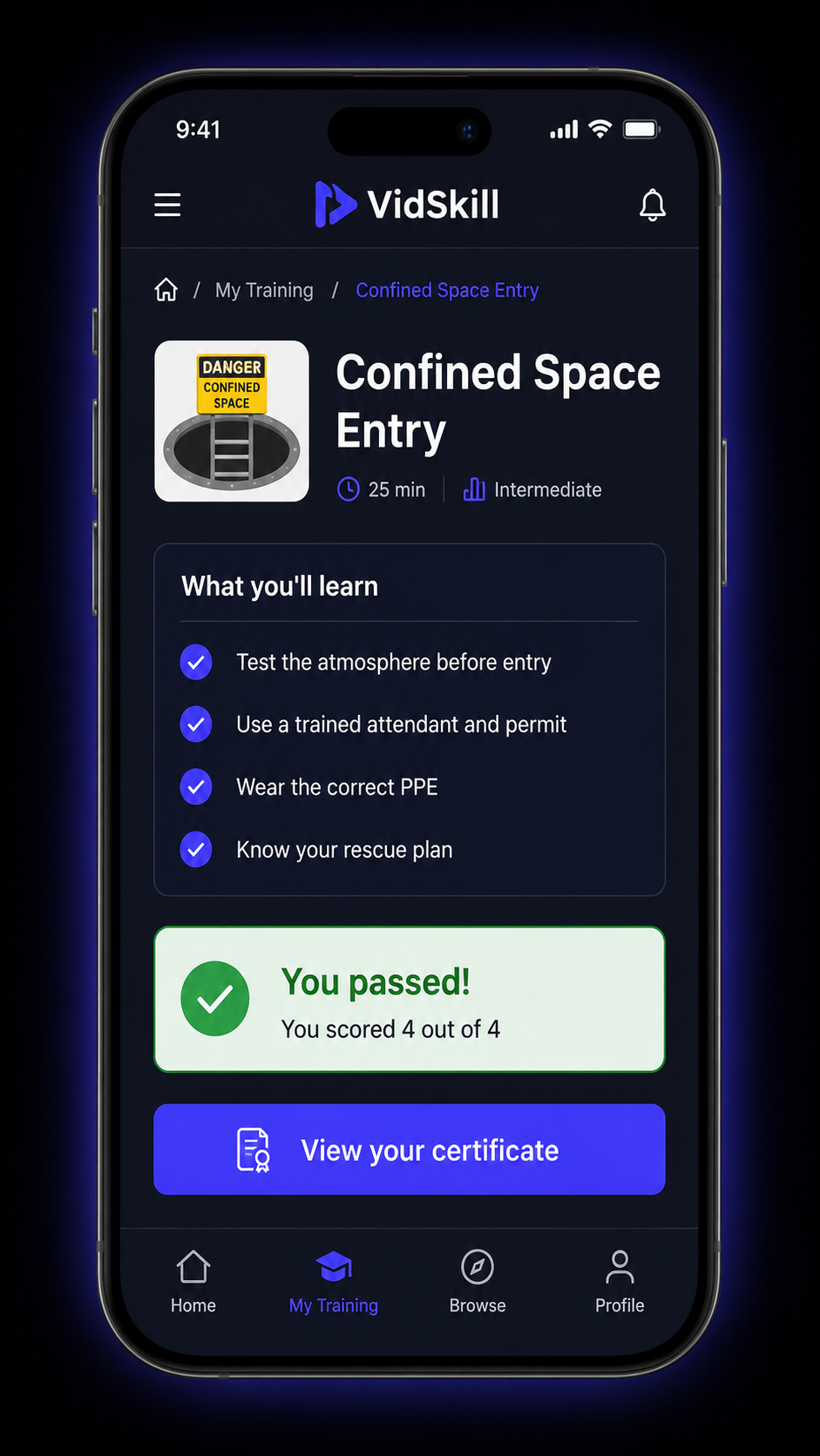 VidSkill mobile learner lesson with quiz and certificate
